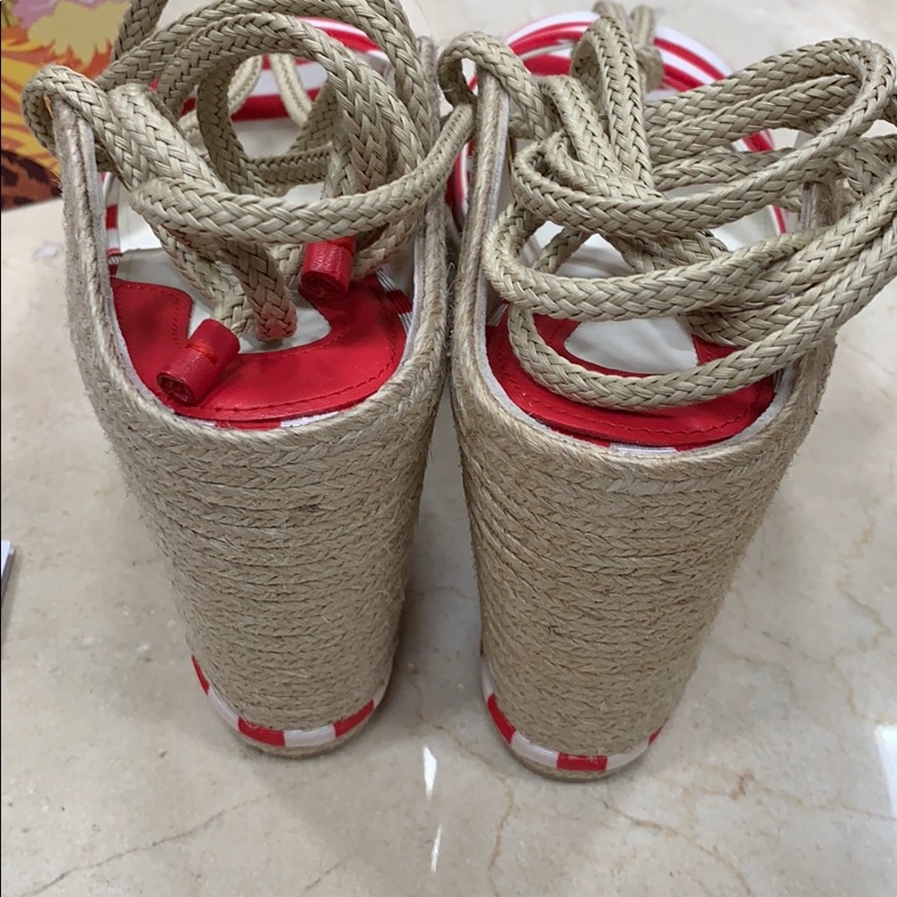 SALVATORE FERRAGAMO RED WHITE STRIPED FABRIC JUTE ESPADRILLES W/CALF LEATHER 8.5 - Picture 9 of 14